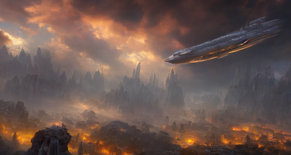 Image similar to An epic fantasy comic book style landscape painting of a fantasy airship flying through the clouds towards a city built within a chasm, unreal 5, DAZ, hyperrealistic, octane render, dynamic lighting