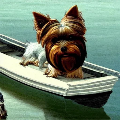 Image similar to a Yorkshire terrier on a boat wearing a black bow tie, extremely detailed masterpiece, illustration, by Michael Sowa,