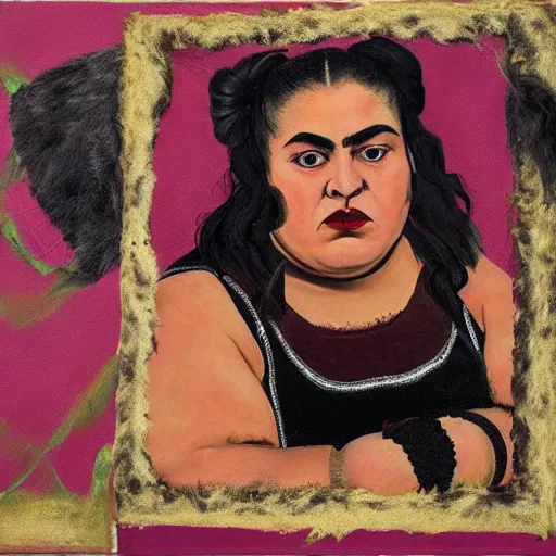 Image similar to portrait of a fat hairy wrestler with a dark furry jacket in the style of frida kahlo and robert rauschenberg