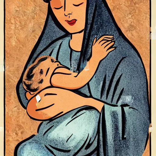 Image similar to 40s illustration of 80 year old sentimental Mediterranean skinned woman in ancient Canaanite clothing holding a newborn baby, crying, awe, love, ancient interior tent background