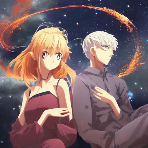 Image similar to two soulmates connected across space and time via the red string of fate, anime fantasy illustration by tomoyuki yamasaki, studio kyoto, madhouse, ufotable, makoto shinkai, trending on artstation