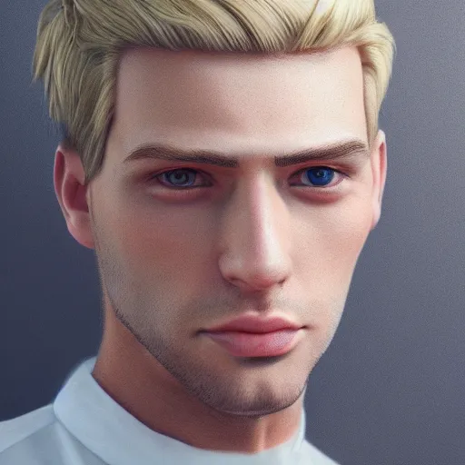 Prompt: a close up realistic portrait of a blonde man, trending on artstation