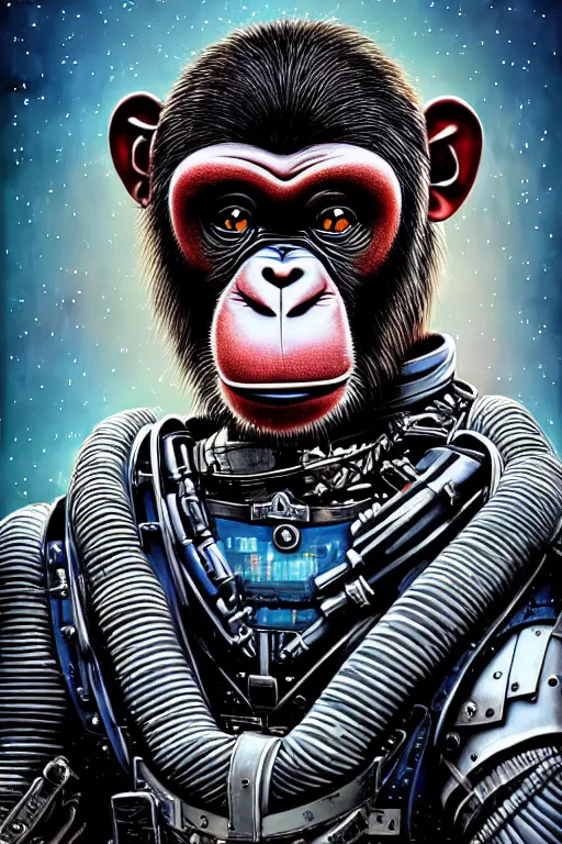 Image similar to a portrait of a muscular anthropomorphic cyberpunk chimp in spacesuit armor with ensignia on chest plate by sandra chevrier, by jon foster, detailed render, pistol in holster, extremely hyperdetailed, tape deck, epic composition, cybernetics, 4 k realistic, cryengine, realistic shaded lighting, sharp focus, masterpiece, by enki bilal