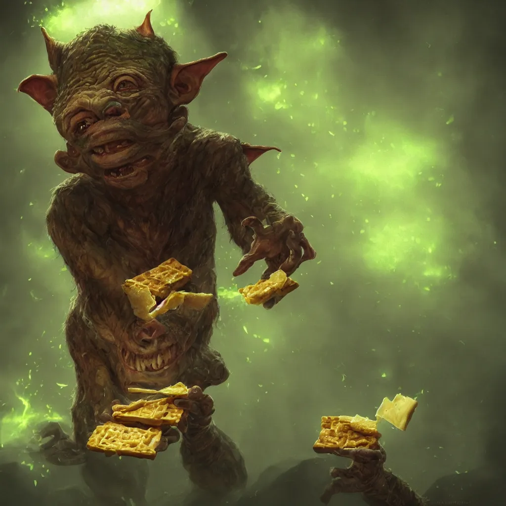 Prompt: Photorealistic fantasy painting of one single D&D goblin holding swiss cheese. Ominous green mist in the background. Magical occult photorealism, UHD, amazing depth, glowing, golden ratio, 3D octane cycle unreal engine 5, volumetric lighting, cinematic lighting, cgstation artstation concept art