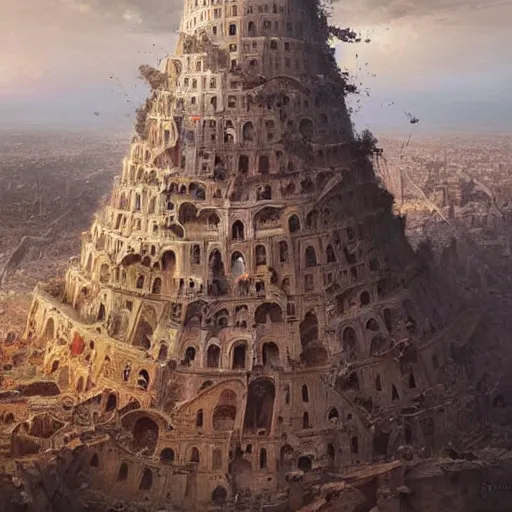 Image similar to Tower of babel, destruction, beautiful, highly-detailed oil painting by Greg Rutkowski