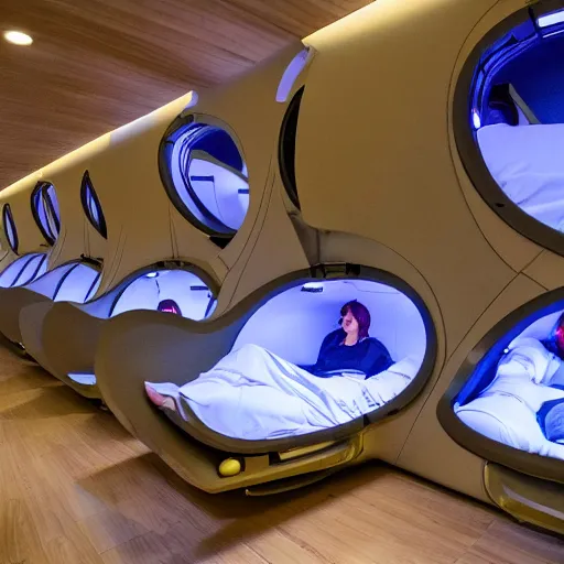 Prompt: cybernetic sleeping pods, diverse humans sleeping in healing pods, humans sleeping in healing pods, wide wide angle, vivid, elaborate, highly detailed, beautiful dim lighting