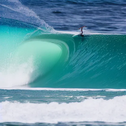 Image similar to Photograph of a zen monk surfing a giant wave on a summer day, natural light, telephoto lens, 4k image, Canon EOS