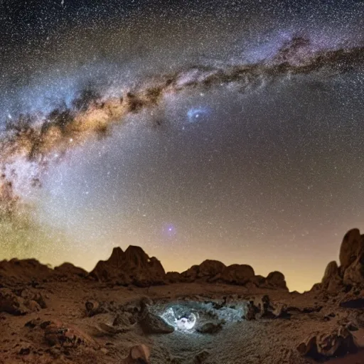 Image similar to Milky Way as seen in the night sky from stalagmite covered rock surface of an alien planet located in a different part of the galaxy, NASA true color 8k image, high detail