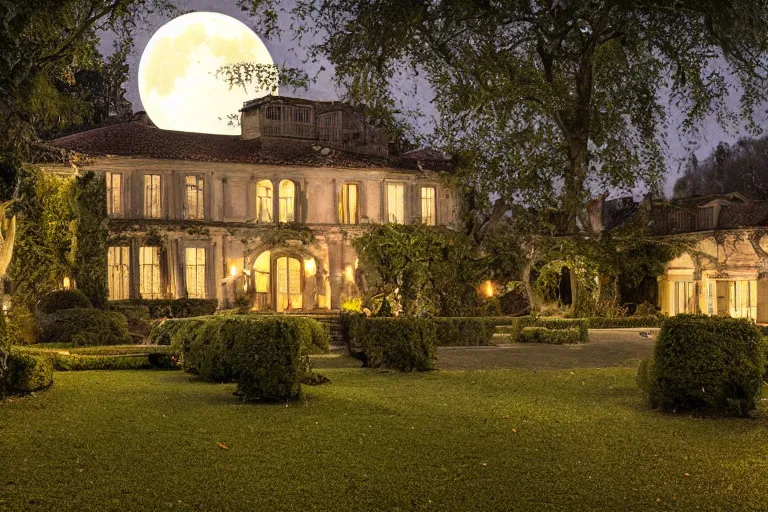 Prompt: luxurious but overgrown estate, night, golden moon