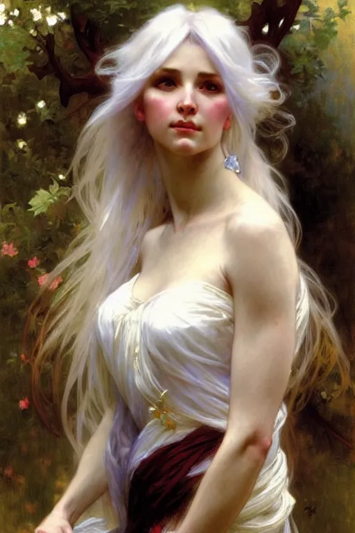 Image similar to women with long white hair, painting by daniel gerhartz, alphonse mucha, bouguereau, detailed art, artstation