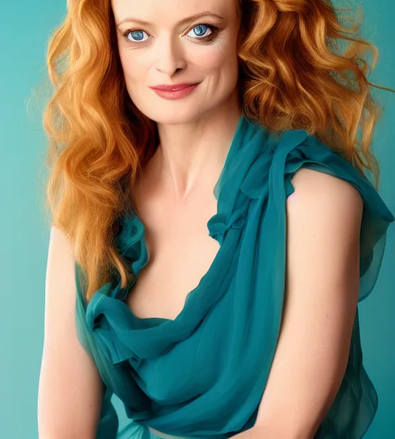 Image similar to beautiful portrait photo of Heather Graham, slight smile, 85mm, teal studio backdrop, Getty images