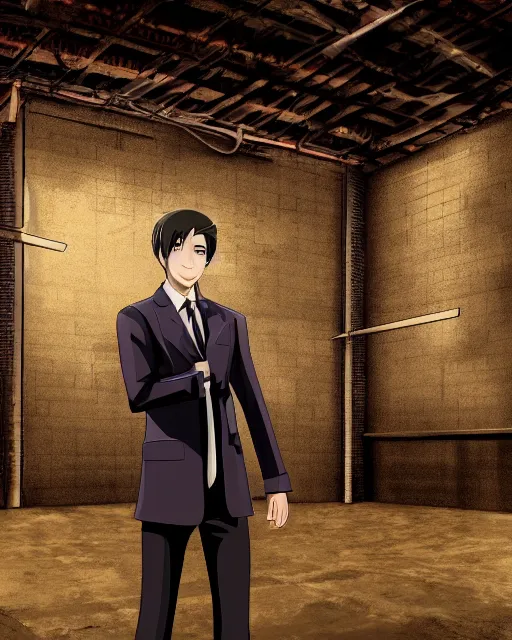 Image similar to Digital presidential anime art of Ivan Duque by A-1 studios, serious expression, empty warehouse background, highly detailed, spotlight