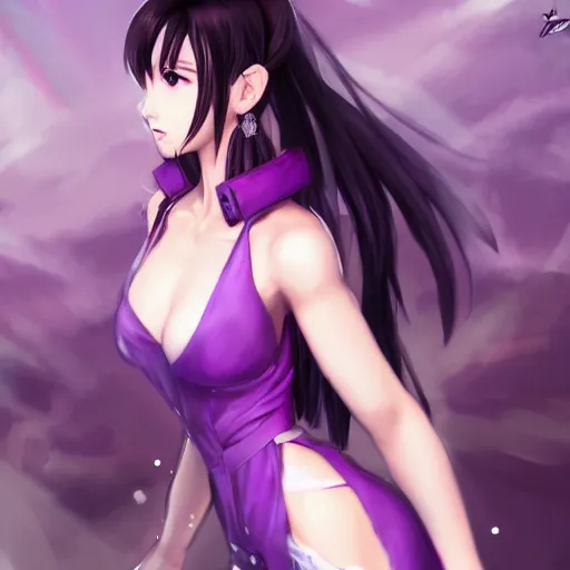 Image similar to purple dress of tifa lockhart by WLOP, rossdraws, Logan Cure, Mingchen Shen, BangkuART, sakimichan, yan gisuka, JeonSeok Lee, zeronis, Chengwei Pan on artstation
