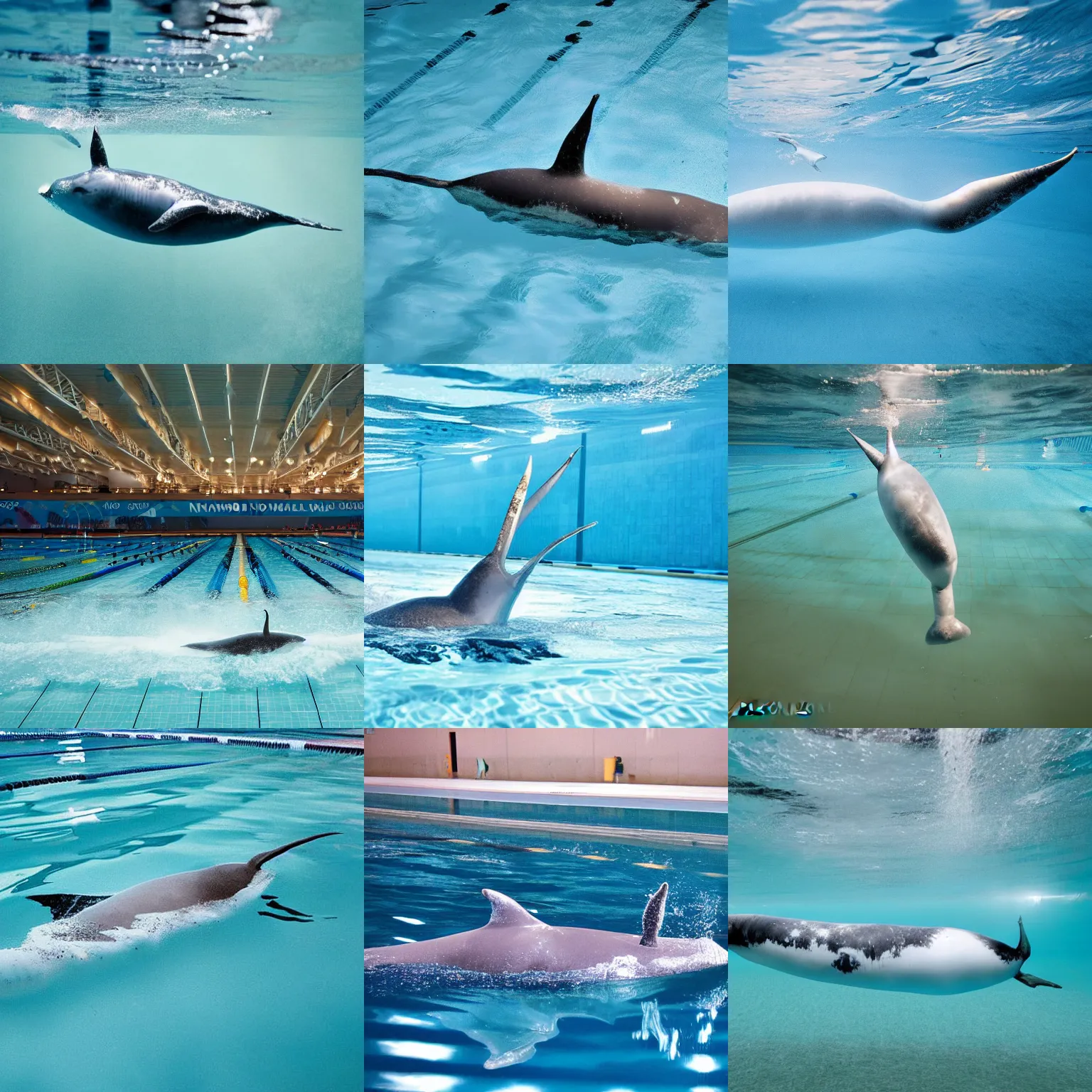 Prompt: A narwhal in an Olympic swimming pool, award winning nature photography by National Geographic