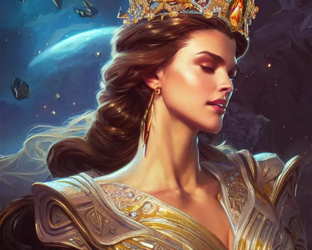 Image similar to miss universe, 8 k, deep focus, d & d, fantasy, intricate, elegant, highly detailed, digital painting, artstation, concept art, matte, sharp focus, illustration, hearthstone, art by artgerm and greg rutkowski and alphonse mucha