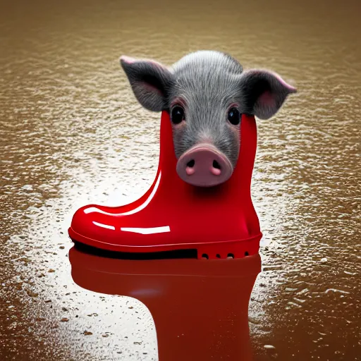 Image similar to digital art of a baby pig wearing red rainboots in a puddle, 8 k render, octane render, saturated