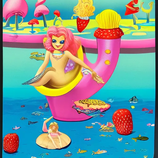 Prompt: kenner sea wees mermaids, glamour gals, mattel strawberry shortcake, dr snuggles cartoon, mushroom fantasy land, pastel rainbows, peter max yellow submarine style. professional poster. award winning.