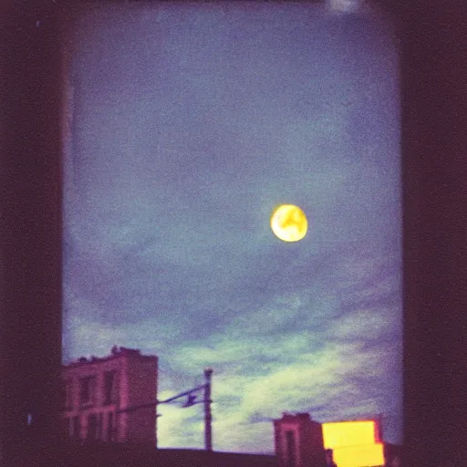 Image similar to colorful instant photograph of the moon in a city at night, polaroid, light leak, raw, nostalgic