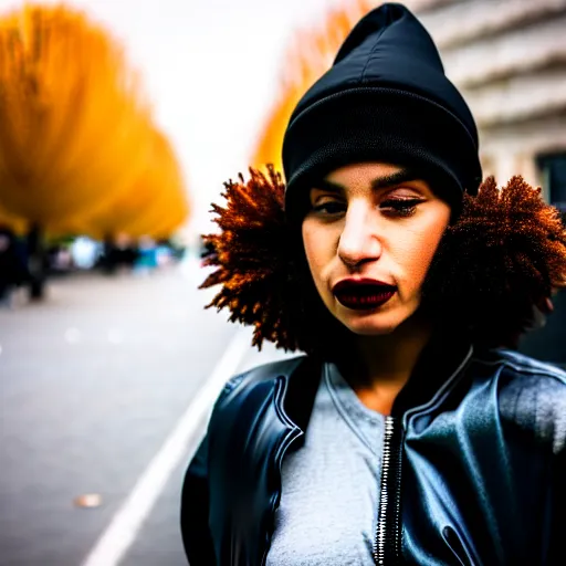 Image similar to Photograph of a mixed woman smoking, wearing a black beanie and black bomber jacket, urban environment, depth of field, 4k, 8k, hd, sigma 85mm f/1.4