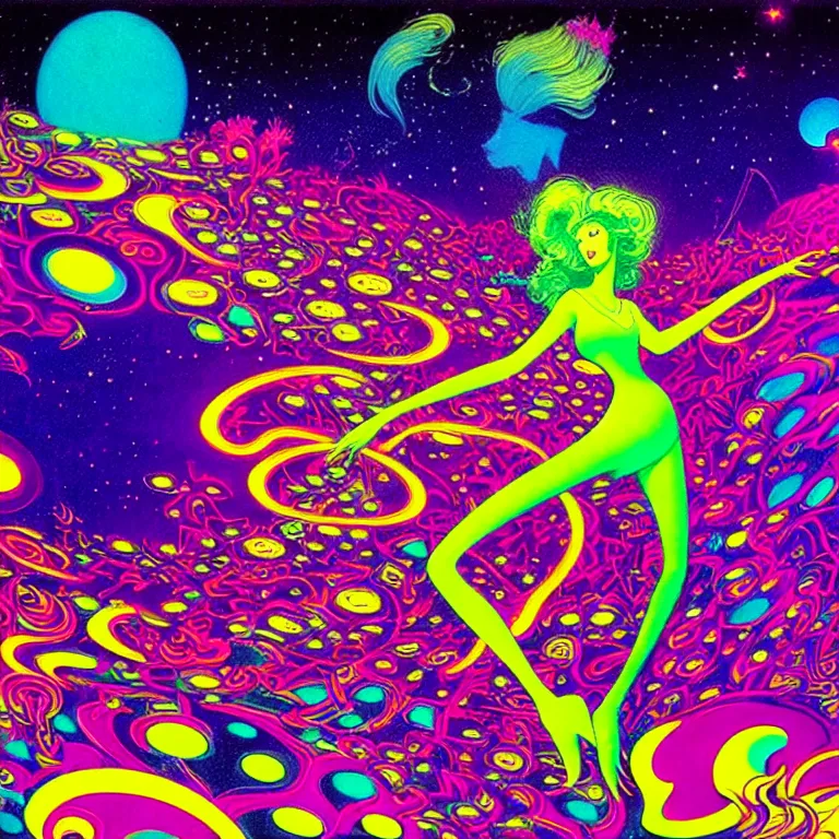 Image similar to cosmic girl, infinite fractal dimensions, bright neon colors, highly detailed, cinematic, eyvind earle, tim white, philippe druillet, roger dean, lisa frank, aubrey beardsley