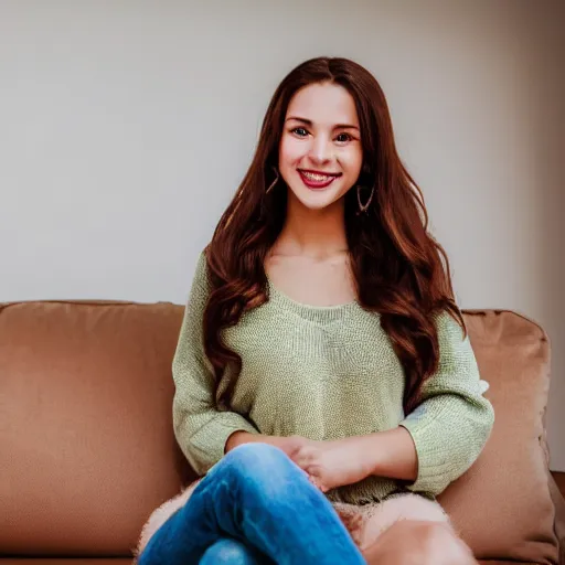 Image similar to a cute young woman smiling, long shiny bronze brown hair, full round face, emerald green eyes, medium skin tone, light cute freckles, smiling softly, wearing casual clothing, relaxing on a modern couch, interior lighting, cozy living room background, medium shot, mid-shot, soft focus