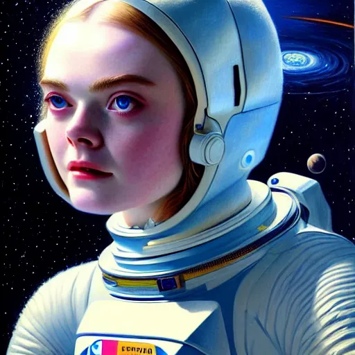 Prompt: portrait of a elle fanning wearing a spacesuit in the dark depths of space, detailed realism face in painting, detailed beautiful portrait, oil painting masterpiece, 8 k resolution, smooth, sharp focus, trending on artstation, by bruce pennington