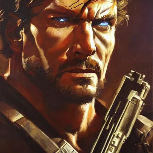 Image similar to ultra realistic portrait painting of solid snake as a western outlaw, art by frank frazetta, 4 k, ultra realistic, highly detailed, epic lighting