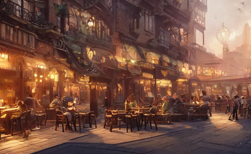 Image similar to a cozy relaxed cafe, looking out at the bustling underbelly of a thriving steampunk city by james paick, trending on cgsociety, unreal engine, 4 k wallpaper