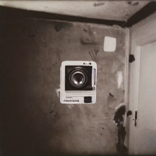 Prompt: Alien-grey caught on camera basement polaroid photo 90s out of focus grimy
