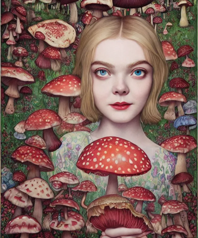 Image similar to portrait of Elle Fanning in wonderland, giant mushrooms, lowbrow painting by Mark Ryden