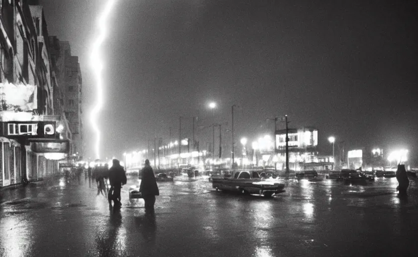 Image similar to 70s movie still of a soviet street with pedestrians with soviet high rise in the backround , Cinestill 800t 18mm beuatiful black and white, heavy grainy picture, very detailed, high quality, 4k panoramic, dramatic lightning, neon billboards and streetlight at night, rain, mud, foggy