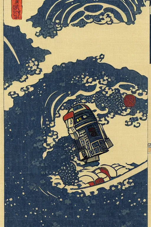 Prompt: Japanese woodblock print of r2d2 , hokusai
