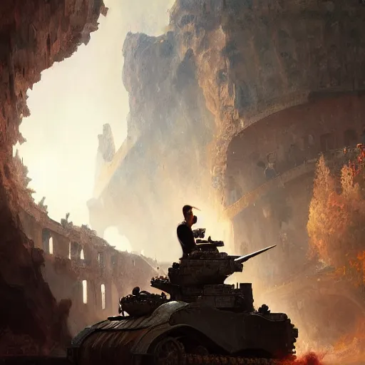 Image similar to a filipino man sitting on a tank holding a scepter and eating popcorn, fantasy colosseum background, fantasy, digital painting, volumetric light, intricate, sharp, focus, bloom, illustration, highly detailed, concept art, matte, ruan jia, randy vargas, greg rutkowski