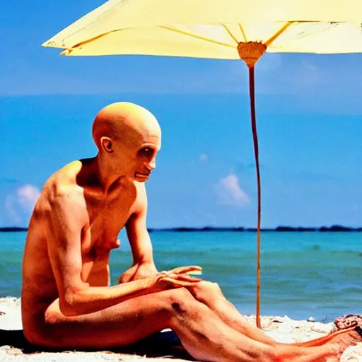 Image similar to nosferatu sunbathing on the beach and drinking from a fresh coconut, colorful photograph, beautiful day, professional