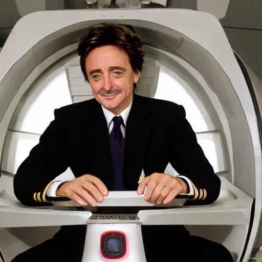 Prompt: Captain Richard Hammond of the USS Enterprise sitting in the captain's chair, stardate 46420.1