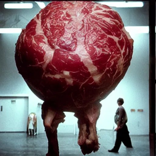 Prompt: a huge imposing ball of meat with a tail sticking out, cronenberg style