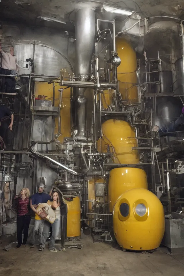 Prompt: party in the boiler room with laughing egg