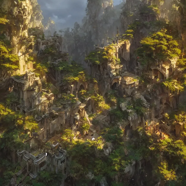 Image similar to secret overwatch headquarters carved inside a mountain surrounding a lush garden, trimmed, magical, natural light, fantasy, architecture, sharp focus, concept art, by greg rutkowski and craig mullins, atmospheric, octane render