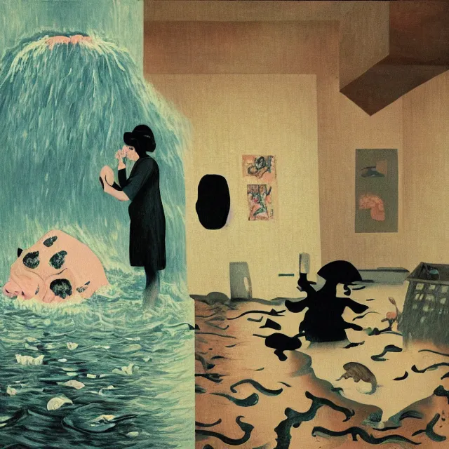 Image similar to tall female emo artist holding a pig in her flooded apartment, mushrooms, octopus, water gushing from ceiling, painting of flood waters inside an artist's apartment, a river flooding indoors, pomegranates, pigs, ikebana, zen, river, rapids, waterfall, black swans, canoe, berries, acrylic on canvas, surrealist, by magritte and monet