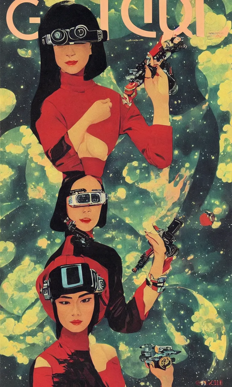 Image similar to 1979 OMNI Magazine Cover depicting a portrait of a Beautiful woman wearing a Gucci kimono and AR goggles, qAkira style by Vincent Di Fate