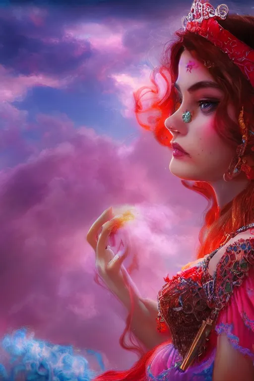 Image similar to a beautiful persian princess in colorful clouds and smoke, red dress, long black hair, smiling in awe, face, highly detailed, artstation, concept art, sharp focus, digital art by hana yata, octane render, unreal engine, 8 k