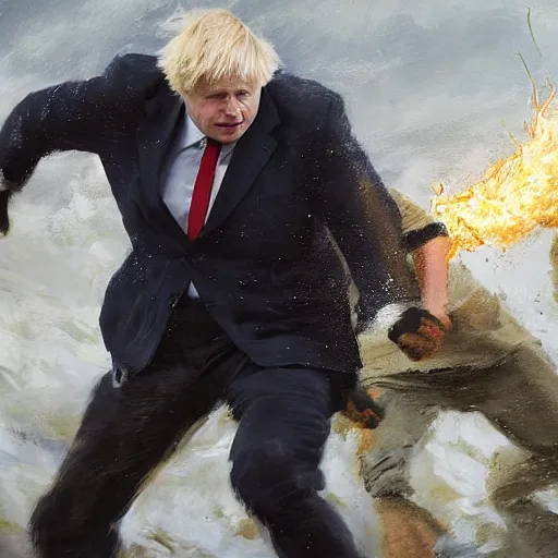 Prompt: close up of boris johnson fighting global warming, cinematographic shot, by daniel f. gerhartz