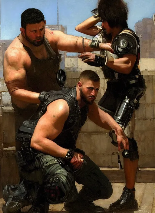 Image similar to big mike in a fight with little alex. cyberpunk meathead wearing a military vest and combat gear fighting small hacker. (Cyberpunk 2077, bladerunner 2049). Iranian orientalist portrait by john william waterhouse and Edwin Longsden Long and Theodore Ralli and Nasreddine Dinet, oil on canvas. Cinematic, hyper realism, realistic proportions, dramatic lighting, high detail 4k