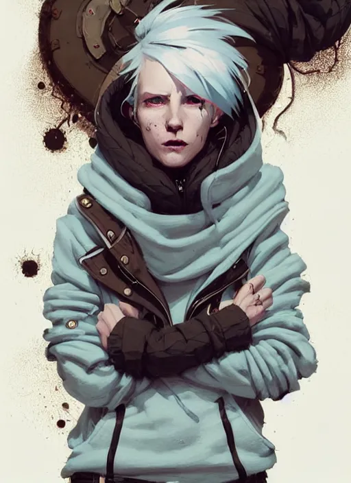 Image similar to highly detailed portrait of a sewer punk swedish lady, tartan hoody, white hair by atey ghailan, by greg rutkowski, by greg tocchini, by james gilleard, by joe fenton, by kaethe butcher, gradient light blue, brown, blonde cream and white color scheme, grunge aesthetic!!! ( ( graffiti tag wall background ) )