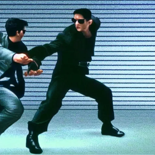 Image similar to neo fighting security. Matrix ` screenshot. Epic still.