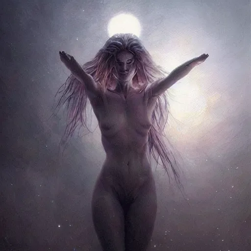 Prompt: a hyperrealistic acrylic on canvas portrait painting of the Moon Goddess by Greg Rutkowski, Artgerm and Beksinski. Epic fantasy art. Vivid cinematic lighting. Night scene.