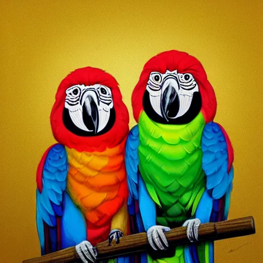 Image similar to parrots dressed in rapper clothes, sitting on golden trees, rap scene, concept art, trending on artstation, highly detailed, digital art, 8 k