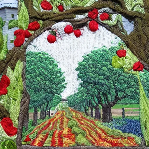 Image similar to A beautiful street art depicting a farm scene. The street art shows a view of an orchard with trees in bloom. appliqué needlework, Hadean by Charles Camoin, by Ed Binkley bleak, earthy