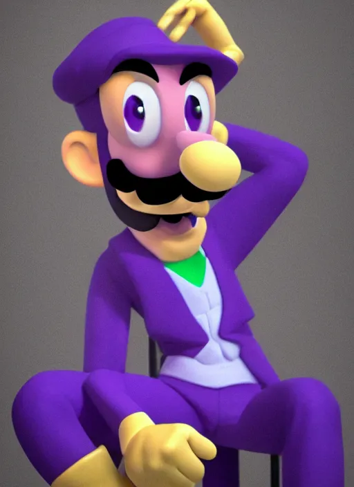 Prompt: waluigi sitting down, elaborate polished self-portrait, trending on ArtStation, sublime-classy-dignified ambience, 16k, sharp focus, volumetric lighting