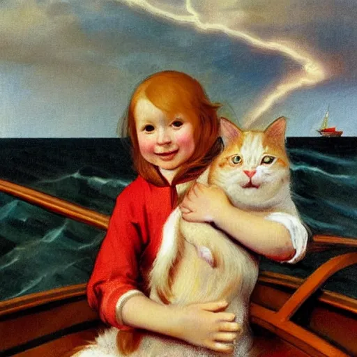 Image similar to oil painting of a young freckled redhead pigtailed girl smiling and holding a scared kitten in a boat, in rough seas with large waves, dark clouds and lightning, depicted for a children\'s book, in the style of frank frazetta and vermeer